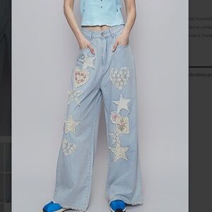 POL Light Blue Flare Jeans with Patchwork